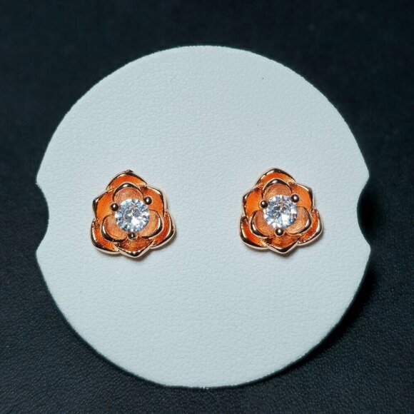 Rose Gold Tone Flower Stud Earrings With Cubic Zirconia Center (NWOT) - Picture 1 of 4